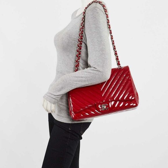 Chanel Red Chevron Quilted Patent Leather Classic Single Jumbo Flap Bag - Picture 3 of 10